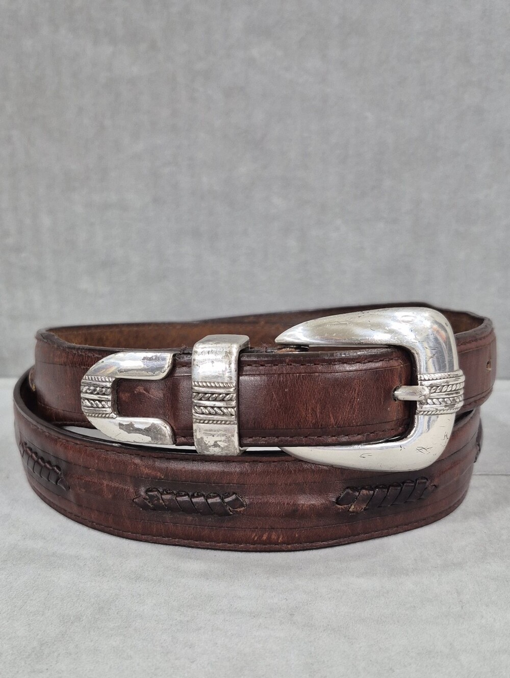 Men's Brown Leather Western Belt with Silver Buckle